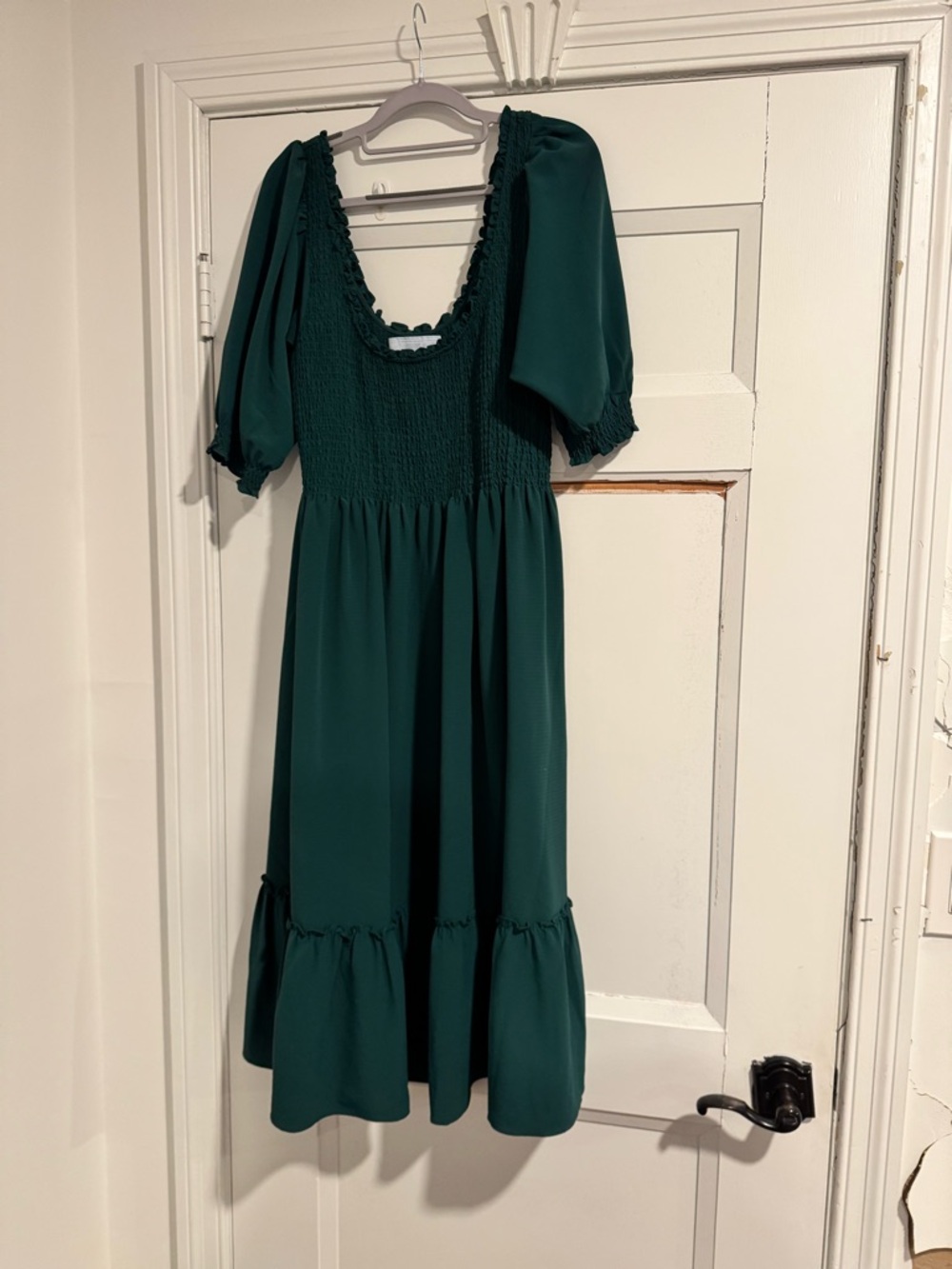 Hill House Emerald Green Smocked Midi Dress with Puff Sleeves